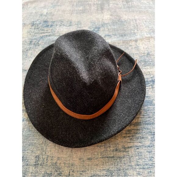 Heathered Black Felt Wool Blend Hat w Brown Strap - Picture 2 of 7